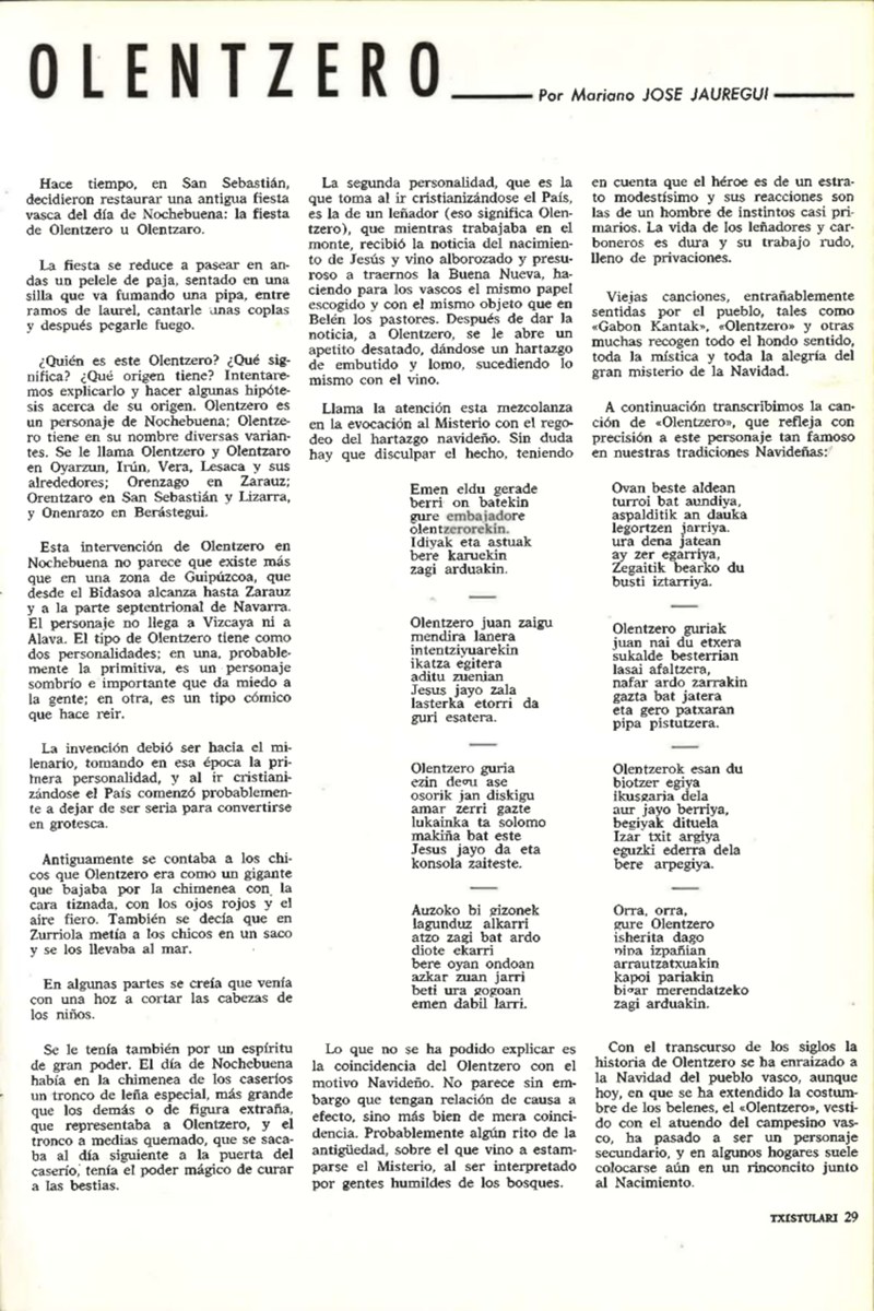 Olentzerori buruz Txistulari 44 (1966) aldizkarian