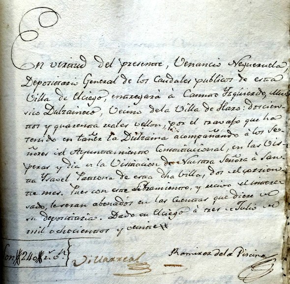 1820ko Eltziegoko festetan dultzaineroei egindako ordainketaren agiria 1820ko Eltziegoko festetan dultzaineroei egindako ordainketaren agiria