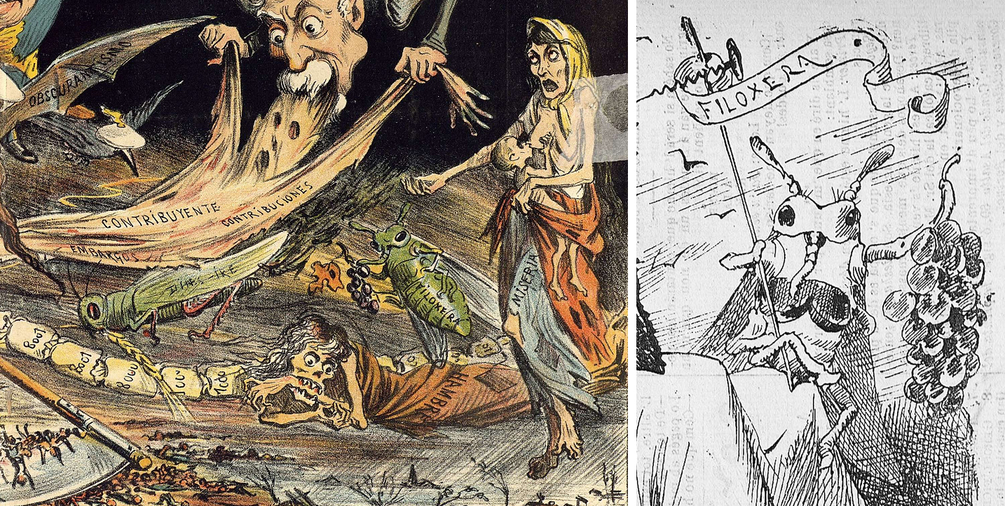 Illustrative cartoons (1879 and 1885) published in the press of the 19th century on the epidemic of phylloxera (cc)