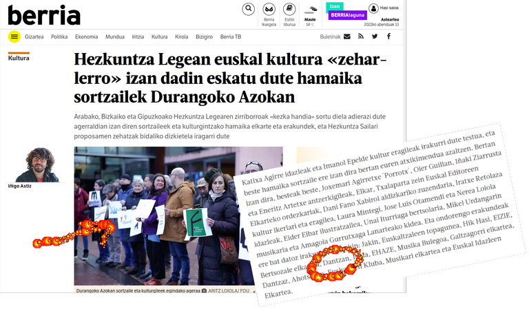 Euskal kultura hezkuntzan Euskal Kultura Hezkuntzaren erroan ezartzeko aldarrikapena, Berria, 2022-12-10.