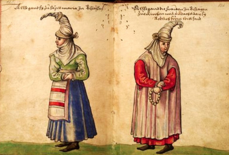 Weiditz 223 Euskal emakume baten jantzia Santa Marian eta euskal emakume baten jantzia